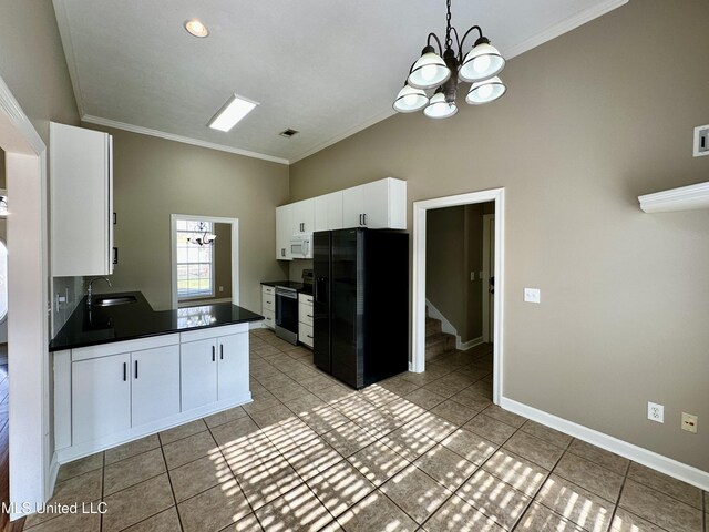 kitchen with an inviting chandelier, pendant lighting, stainless steel electric stove, black fridge with ice dispenser, and white cabinets