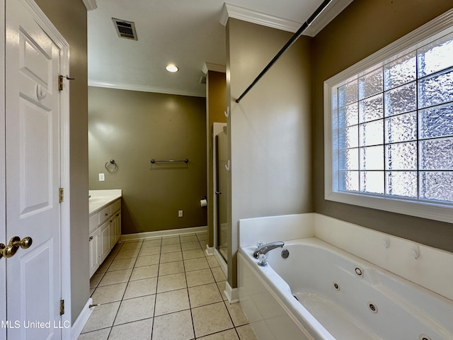 bathroom featuring tile patterned floors, vanity, shower with separate bathtub, and ornamental molding