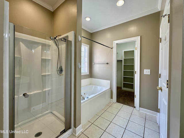 bathroom featuring tile patterned floors, ornamental molding, and shower with separate bathtub