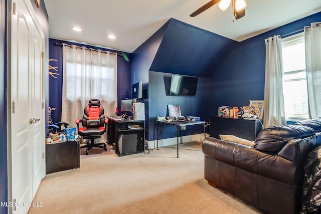 carpeted office featuring lofted ceiling, baseboards, a ceiling fan, and recessed lighting