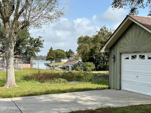 garage with a water view