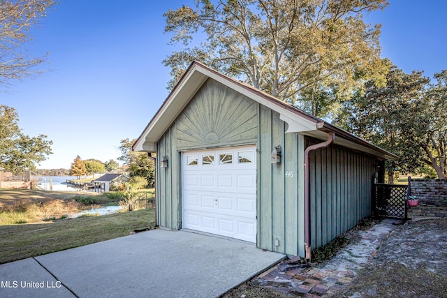 garage with a water view