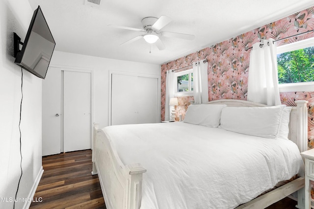 bedroom with dark hardwood / wood-style flooring, two closets, and ceiling fan