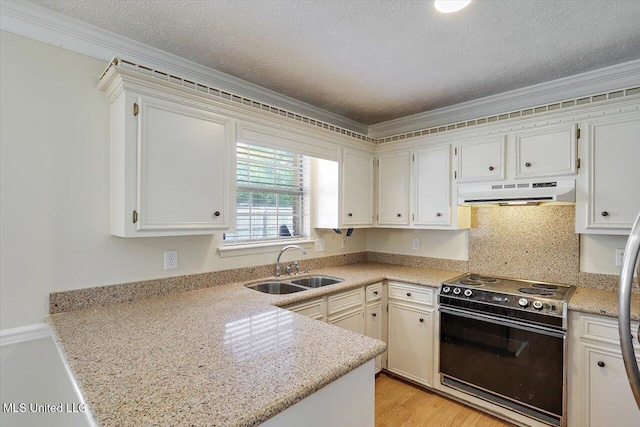 143 Glenwood Dr, Madison, MS 39110 - kitchen with range with electric stovetop, under cabinet range hood, a peninsula, a textured ceiling, and crown molding