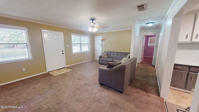 6400 Hans Rd, Moss Point, MS 39562 - living area featuring light carpet, ornamental molding, a ceiling fan, baseboards, and attic access