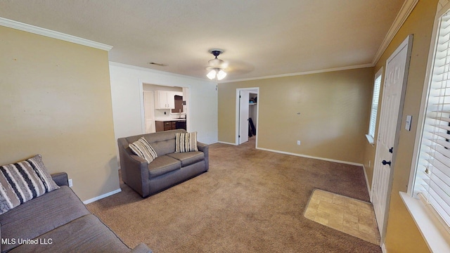 6400 Hans Rd, Moss Point, MS 39562 - living room with carpet, ornamental molding, ceiling fan, and baseboards