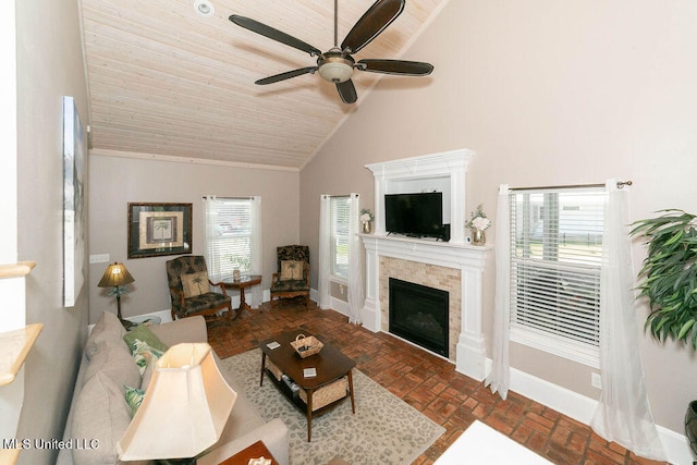 living room with wood ceiling, a tiled fireplace, high vaulted ceiling, and ceiling fan