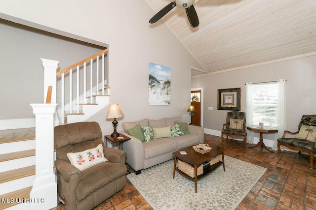 living room with high vaulted ceiling and ceiling fan