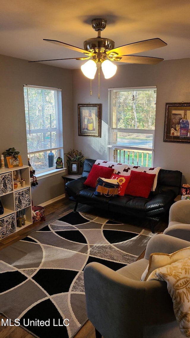 living area featuring a ceiling fan and wood finished floors