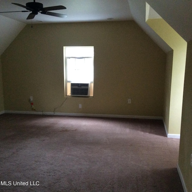 additional living space with lofted ceiling, carpet flooring, cooling unit, and ceiling fan