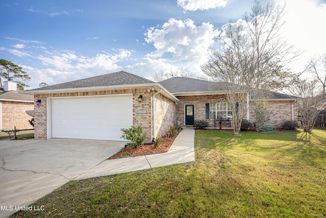 single story home featuring a garage and a front lawn