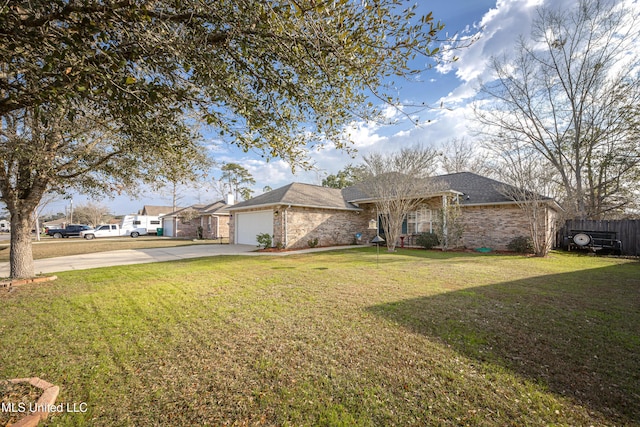 ranch-style home with a garage and a front lawn