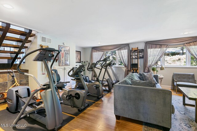 exercise room with hardwood / wood-style floors