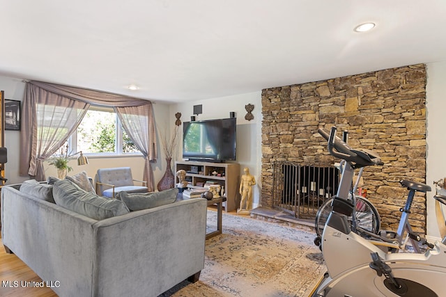 living room with a fireplace and light wood-type flooring