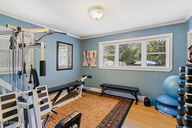 exercise area with ornamental molding and wood-type flooring