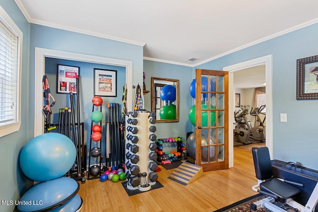 exercise area with crown molding and wood-type flooring