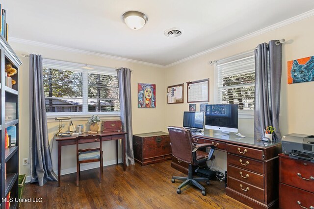 office area with crown molding, a healthy amount of sunlight, and dark hardwood / wood-style flooring