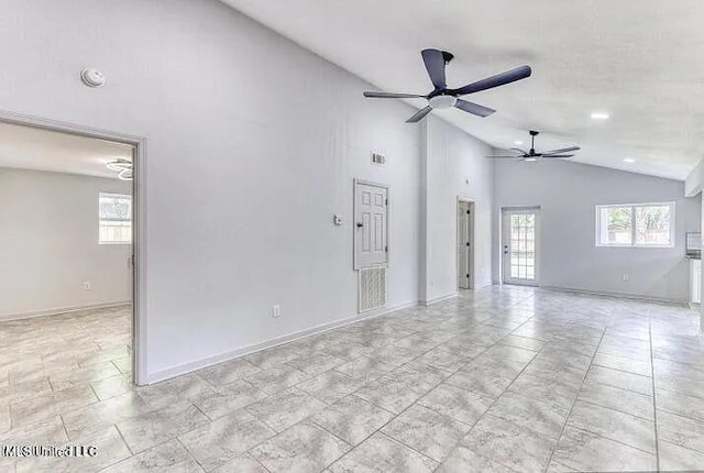 empty room featuring high vaulted ceiling, baseboards, visible vents, and ceiling fan