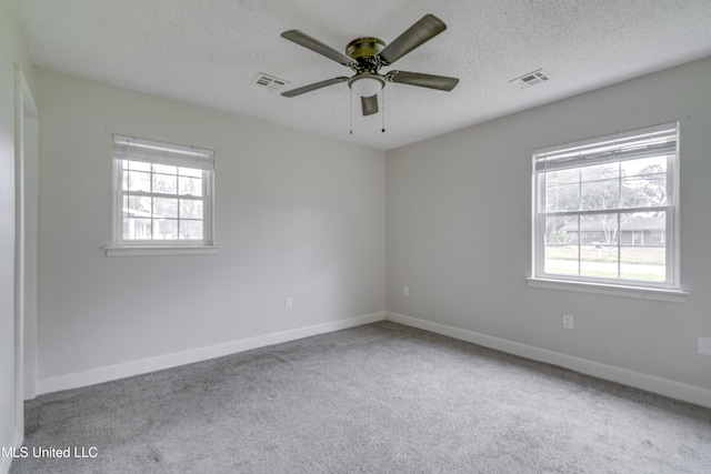 carpeted spare room featuring ceiling fan, a textured ceiling, and a healthy amount of sunlight