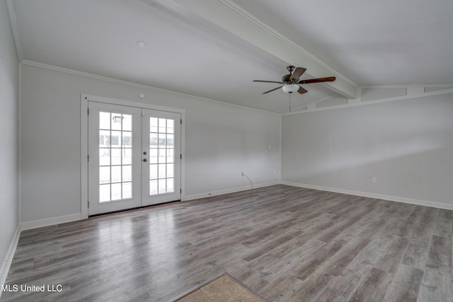 unfurnished room featuring light hardwood / wood-style flooring, vaulted ceiling with beams, french doors, ceiling fan, and crown molding