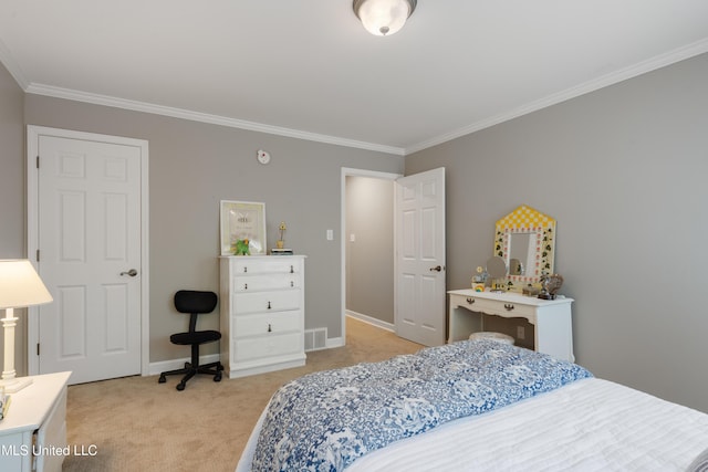 bedroom featuring light colored carpet, crown molding, and baseboards
