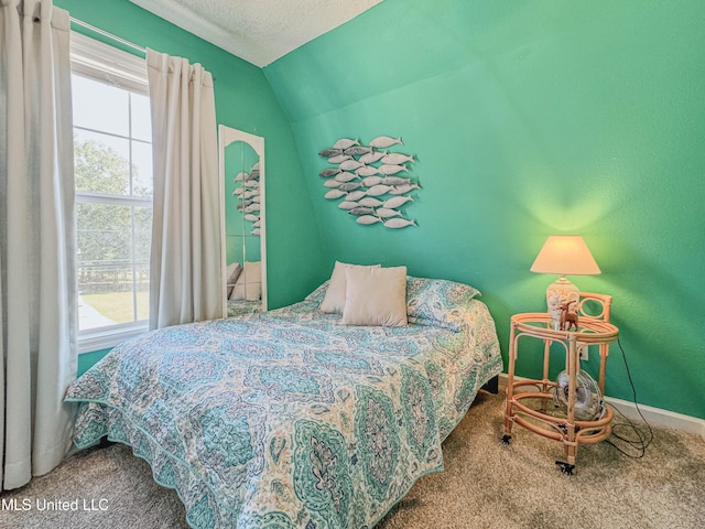 bedroom with lofted ceiling, a textured ceiling, and carpet floors