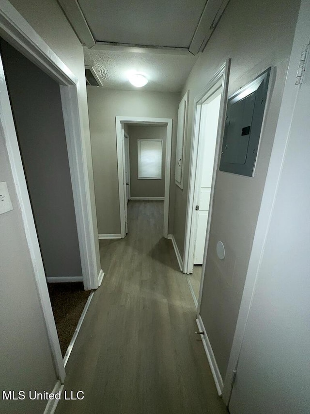 corridor featuring attic access, electric panel, baseboards, and wood finished floors