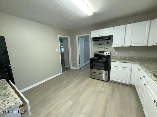 kitchen featuring white cabinets, under cabinet range hood, stainless steel electric range oven, and light wood-style flooring