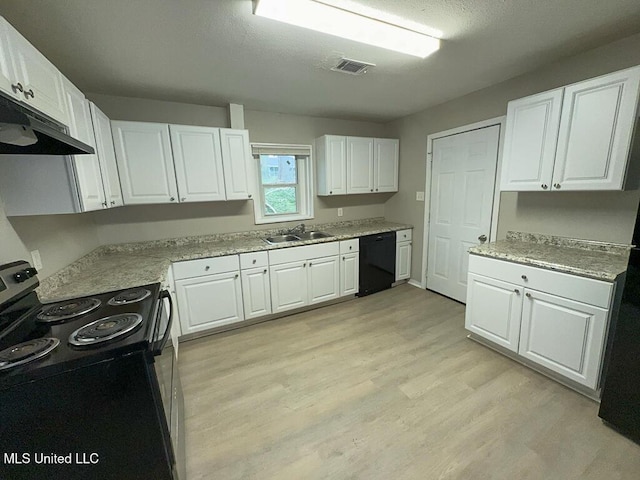 kitchen featuring white cabinetry, black dishwasher, electric range oven, and a sink