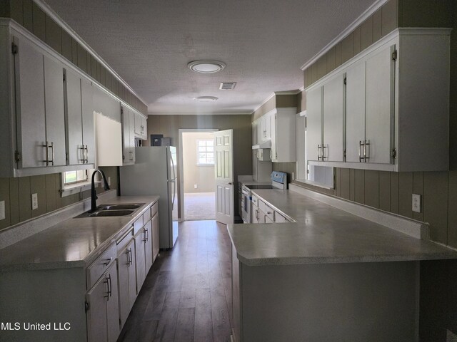 kitchen featuring kitchen peninsula, dark hardwood / wood-style flooring, a textured ceiling, white range with electric cooktop, and sink