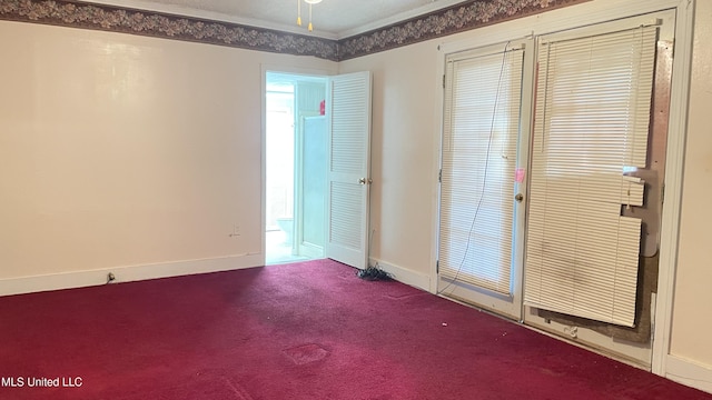 unfurnished bedroom with carpet floors and ornamental molding