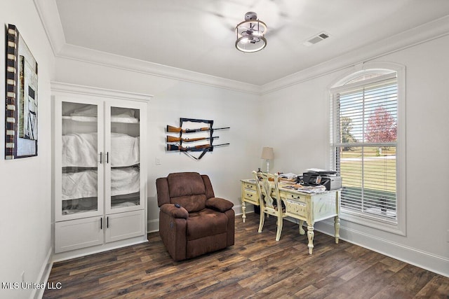 home office featuring dark wood-type flooring and crown molding