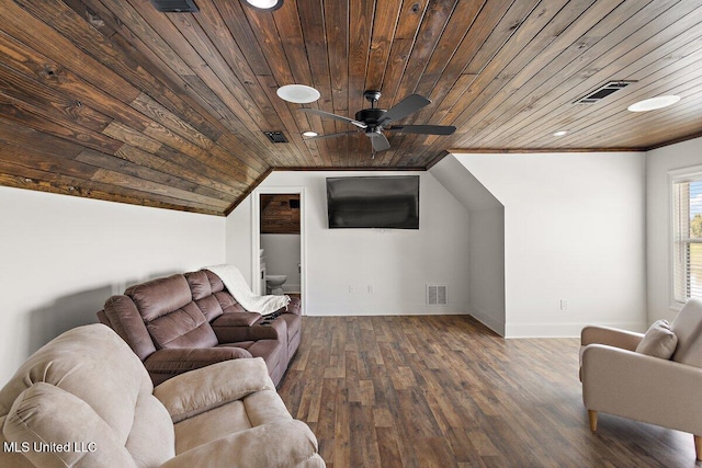 living room with dark wood-type flooring, vaulted ceiling, ceiling fan, and wooden ceiling