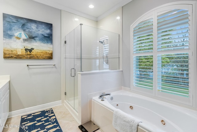 bathroom with vanity, independent shower and bath, ornamental molding, and tile patterned flooring