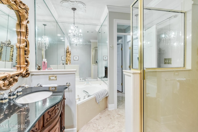 bathroom with vanity, crown molding, separate shower and tub, and tile patterned flooring