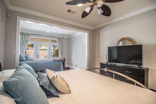 bedroom with french doors, ceiling fan, and ornamental molding