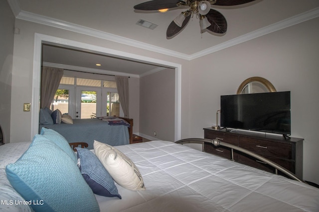 bedroom featuring french doors, crown molding, and ceiling fan