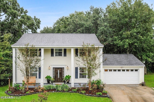 neoclassical / greek revival house featuring a front yard, concrete driveway, a garage, and roof with shingles