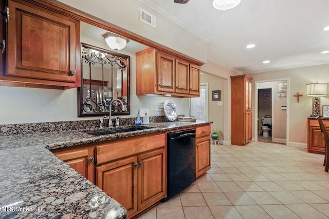 kitchen with a sink, brown cabinets, dishwasher, and ornamental molding