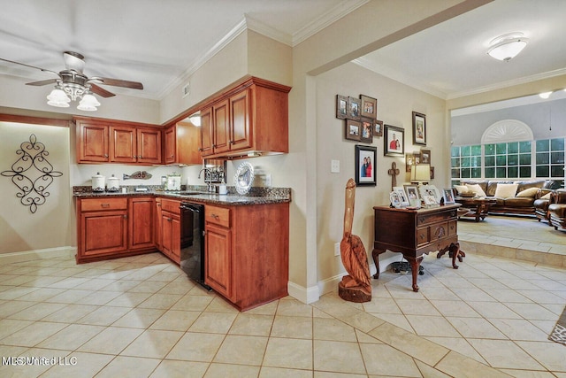 kitchen featuring ornamental molding, black dishwasher, light tile patterned floors, and a sink