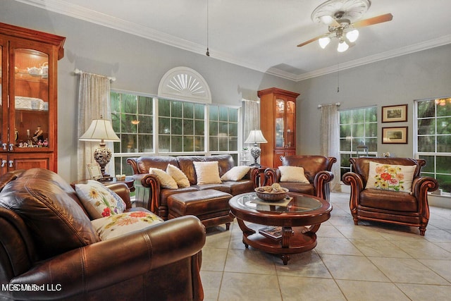 tiled living area with crown molding and ceiling fan