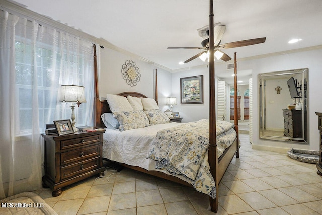 bedroom featuring visible vents, ornamental molding, recessed lighting, light tile patterned flooring, and a ceiling fan