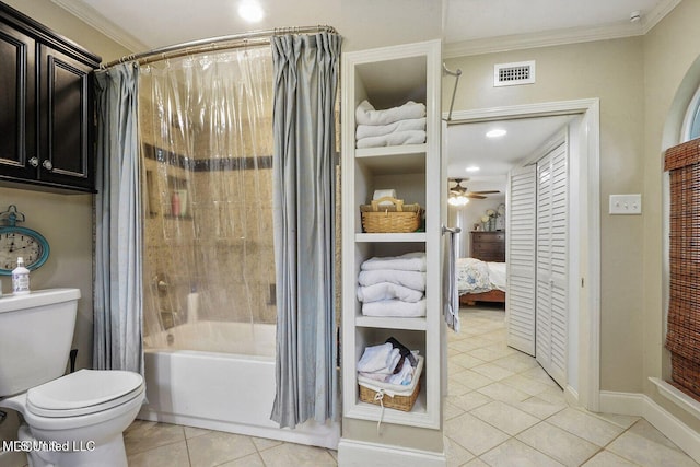 bathroom featuring visible vents, ceiling fan, crown molding, toilet, and tile patterned floors