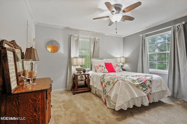 bedroom featuring light carpet, a ceiling fan, crown molding, and baseboards