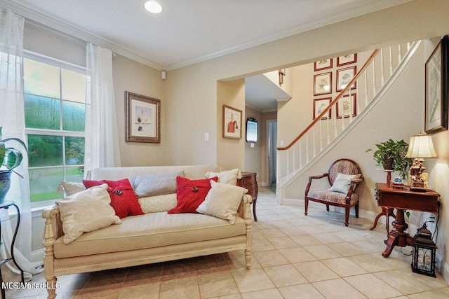 tiled living room featuring stairs, baseboards, and ornamental molding