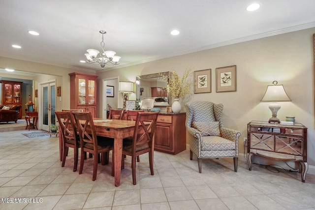 dining room featuring crown molding, a notable chandelier, light tile patterned flooring, and recessed lighting