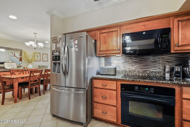 kitchen with brown cabinetry, black appliances, and crown molding