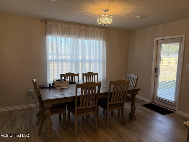 dining space with a chandelier and hardwood / wood-style flooring