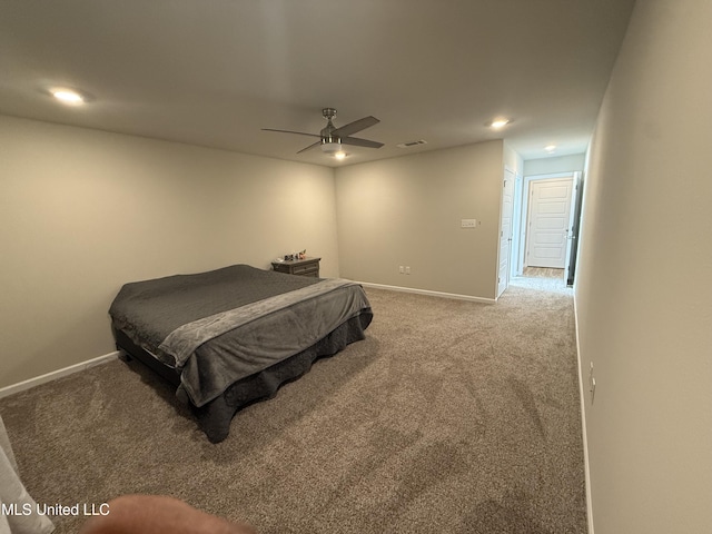 bedroom featuring carpet flooring and ceiling fan