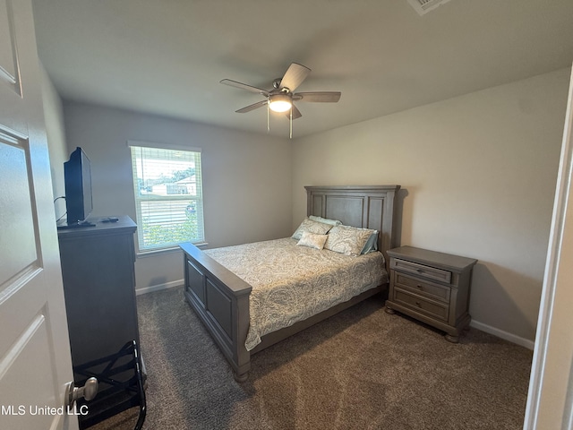 bedroom with dark carpet and ceiling fan